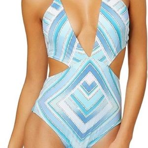 BRAND NEW BAR III blue chevron one piece bathing suit, size Large